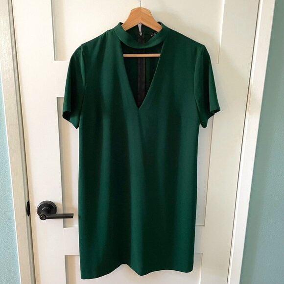 Zara Dark Green Shift V-Neck Mini Dress Size Small - Picture 2 of 7